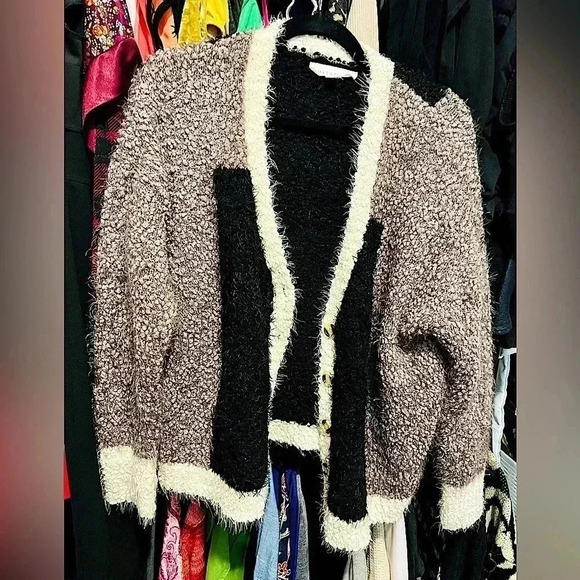 Super Soft and Cozy Lovestitch Cardigan Brown White Black Block Color Pattern - Picture 1 of 7